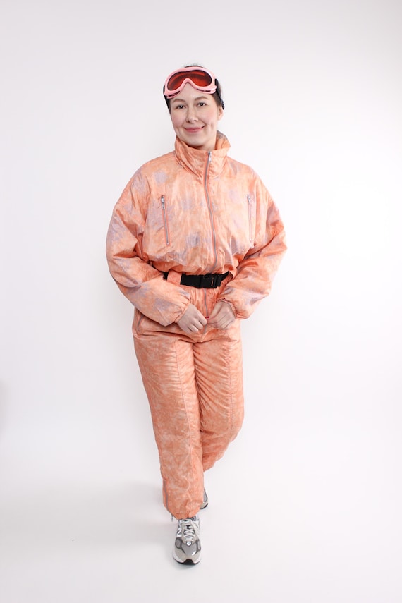 Vintage 90s One Piece Ski Suit, Retro Orange Snowsuit, Patterned Apres Ski, Size M