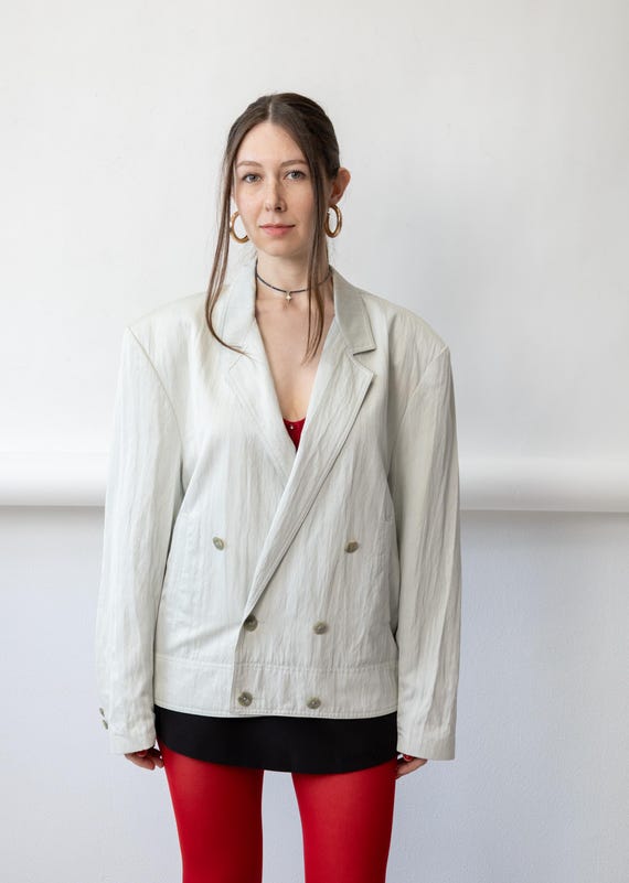80s Pale Grey Oversized Blazer Vintage Double Breasted Slouchy Drop Shoulder Jacket Size L
