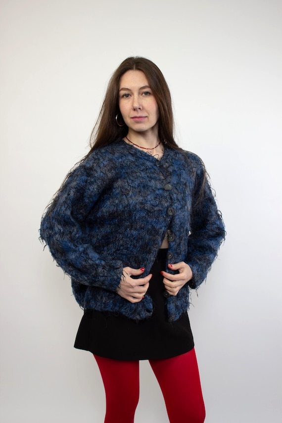 Vintage Fluffy Wool Cardigan, 90s Multicolor Button Front Cozy Winter Sweater, Size M