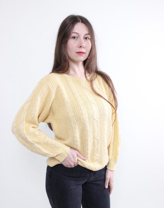 90s Butter Yellow Cable Knit Sweater: Vintage Preppy Pullover, Old Money Style