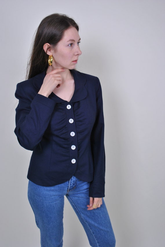 90s Navy Ruffle Collar Wool Blazer Vintage Fitted Jacket Size S