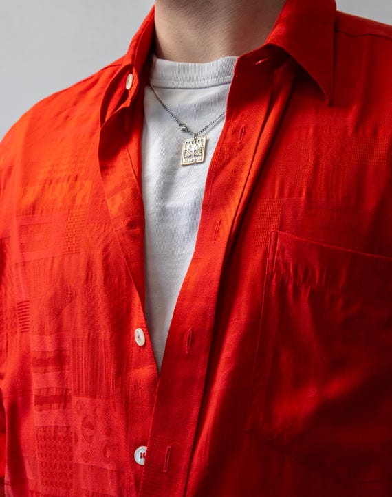 Tomato Red Mens Shirt 80s Short Sleeve Jacquard Viscose Oversized L