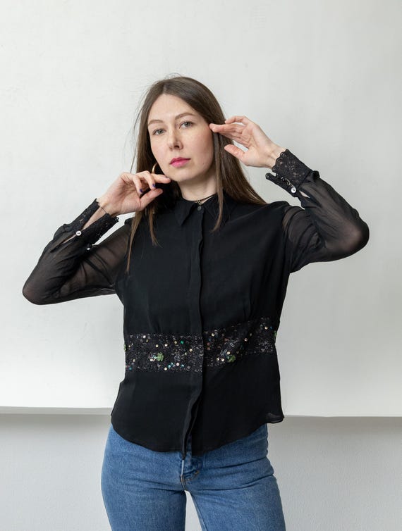 Y2K Black Sheer Blouse Vintage Sequin Lace Panel Long Sleeve Button Up Size S