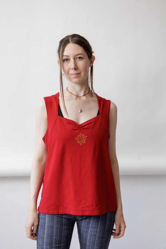 Y2K Red Beaded Star Tank Sweetheart Ruched Neck Wide Strap Jersey Top Size L