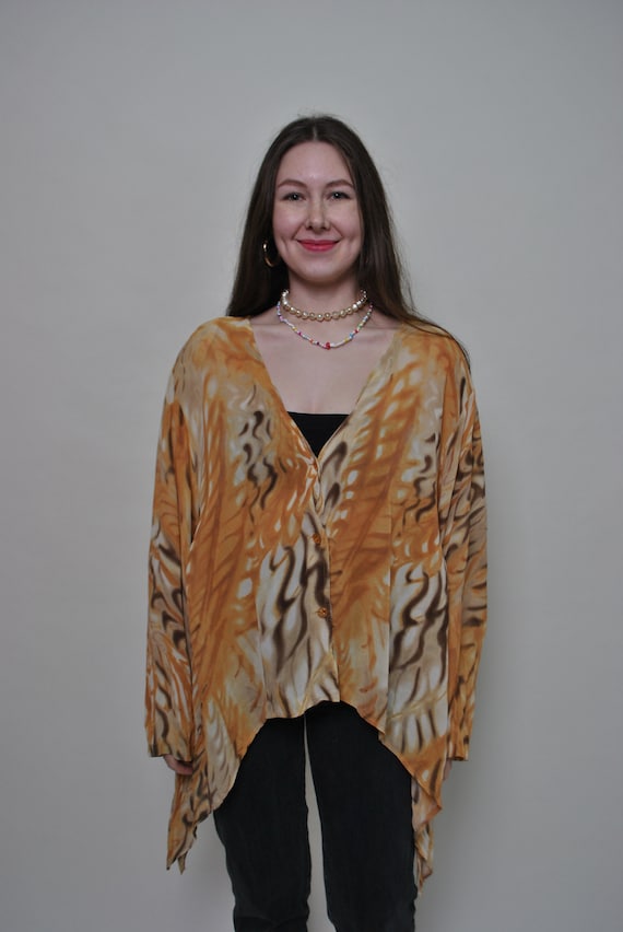 90s oversized abstract blouse, festival light button front blouse in orange, Size XXL