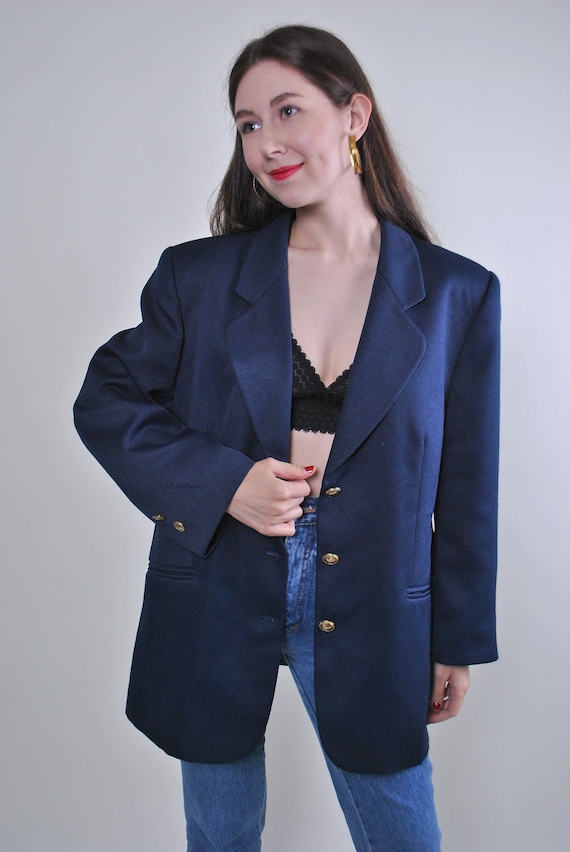90s Vintage Oversized Wool Blazer: Blue Jacket With Gold
