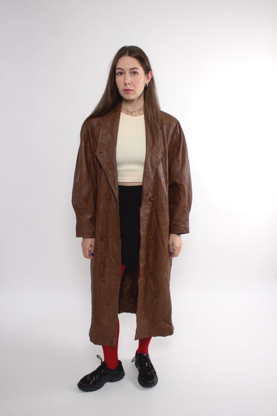 Vintage 90s Brown Leather Trench Coat, Long Oversized Double