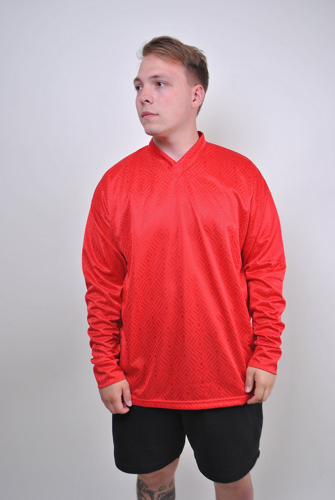 80s V-neck Football Jersey in Red , Vintage Long Sleeve Abstract Print ...