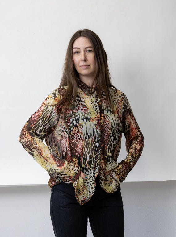 y2k Sheer Animal Print Chiffon Blouse 00s Crinkle Leopard Button Up Top Size L