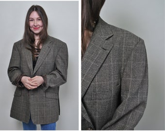 Vintage Women's Linen Corduroy Collar Brown Houndstooth Jacket Long Sleeve Button Stylish Jacket Office Wear Summer Jacket Size ML
