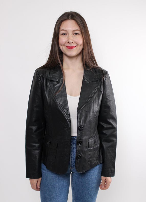 90s black leather blazer vintage western leather jacket Size M