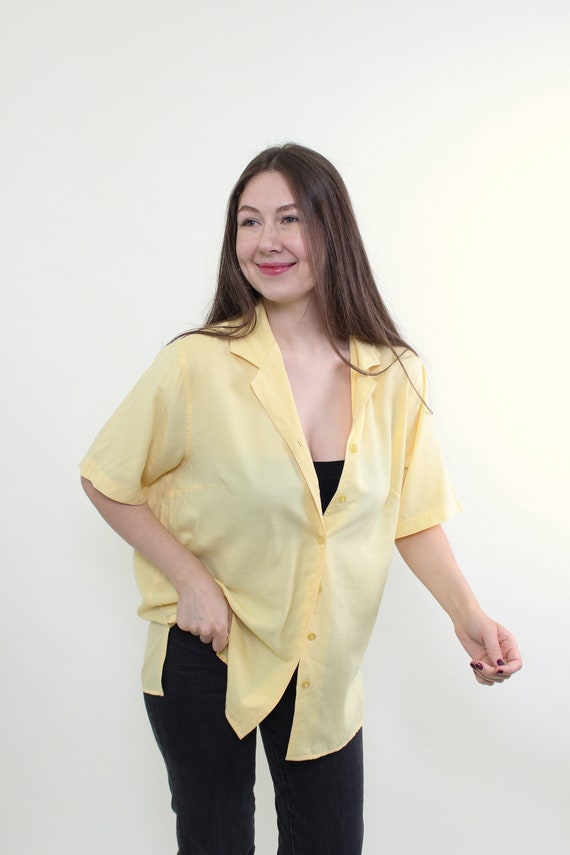 Vintage 80s Butter Yellow Oversized Camp Collar Shirt, Minimalist Summer Top