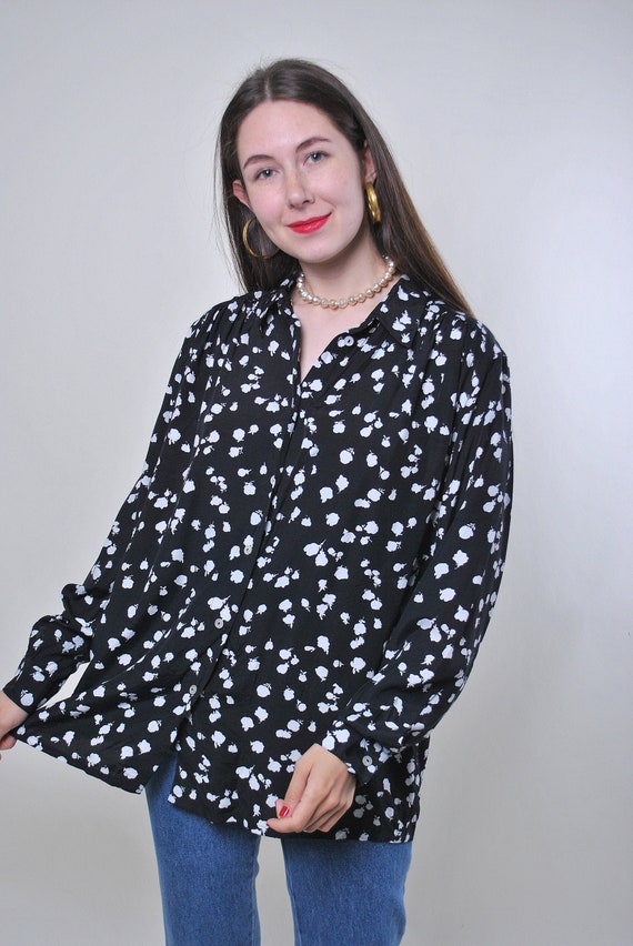 90s Black White Floral Print Blouse Vintage Long Sleeve Oversized Button Up Shirt XL