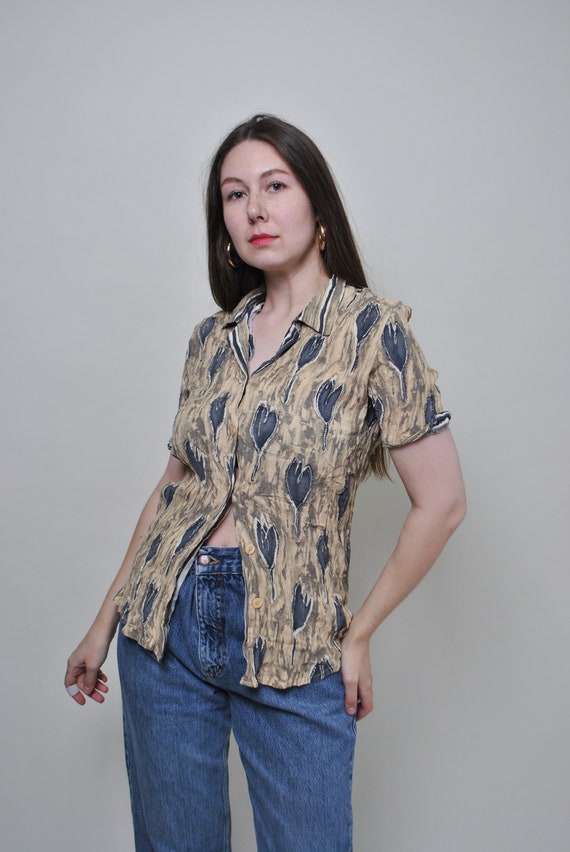 90s flowers print blouse, vintage short sleeve watercolor summer top, Size M