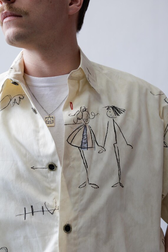 Cream Stick Figure Print Shirt 80s Vintage Cotton Novelty Drawing Oversized Top Size L