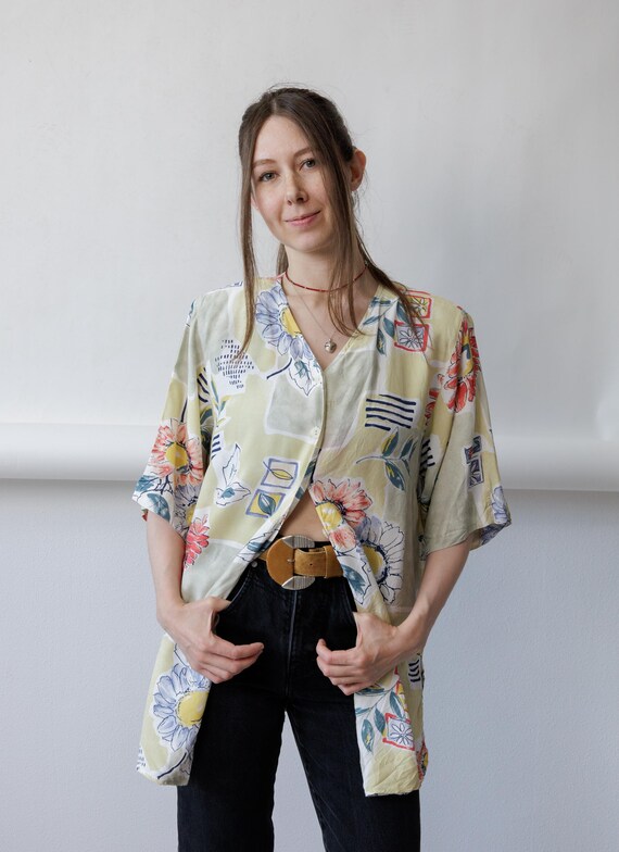90s Sage Painterly Floral Blouse Vintage Abstract Collage Print Oversized  Button Up Size L