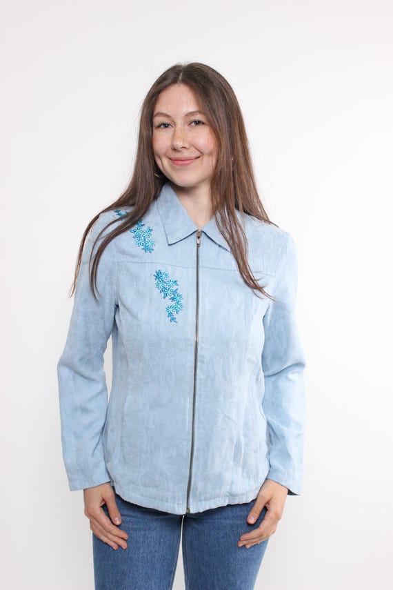 90s Faux Suede Zip Jacket Blue Floral Embroidery Vintage S/M