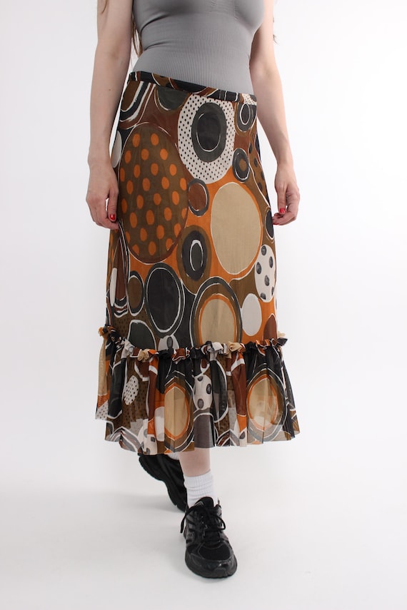 Vintage abstract ruffle skirt, 90s brown patterned hem boho skirt, size M-L