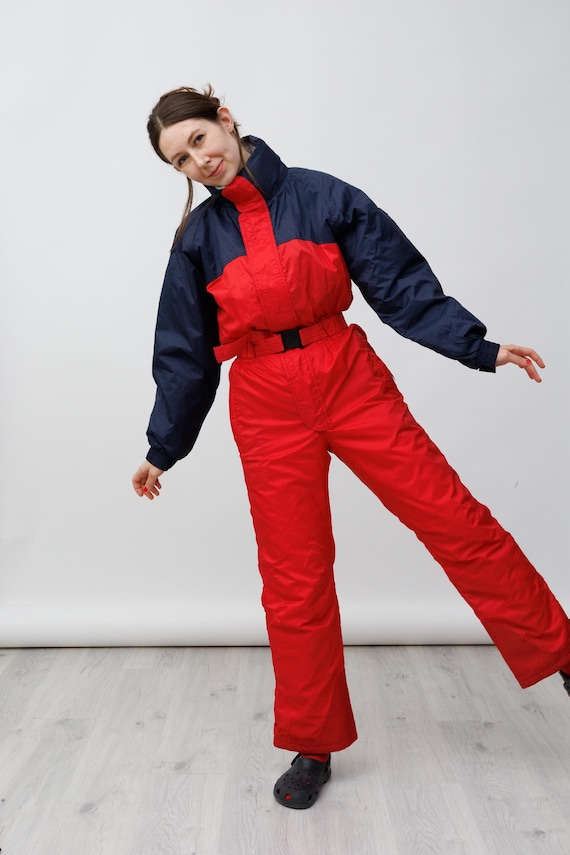 Red Navy Colorblock Raglan Sleeve Belted Vintage Ski Suit Jumpsuit Size S