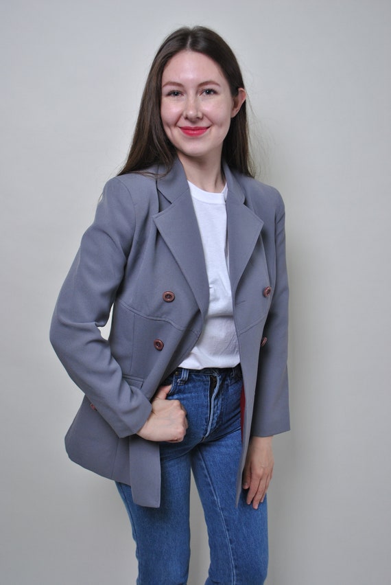 90s double breasted trench coat in gray, vintage minimalist autumn overcoat, Size S