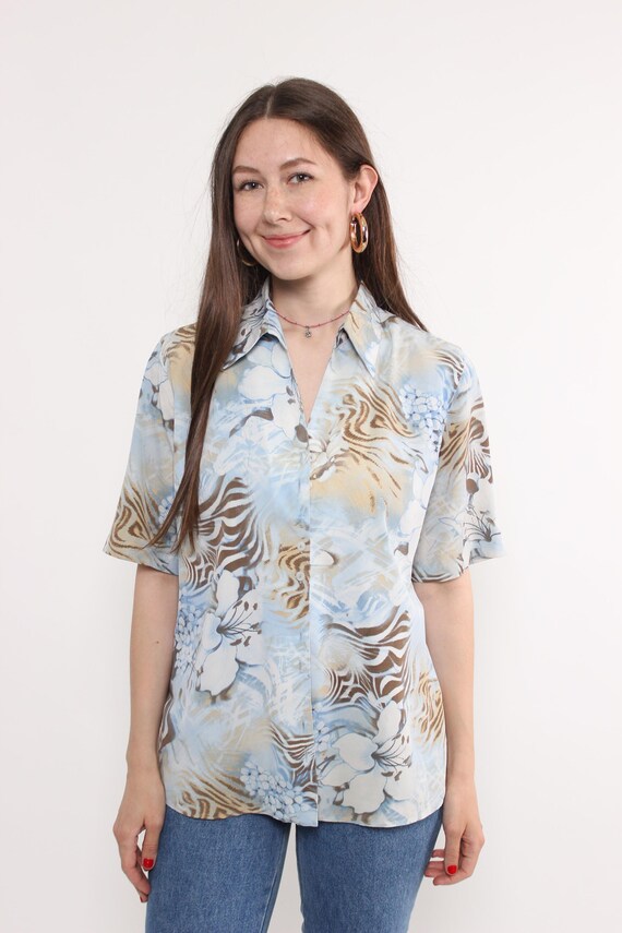 90s Blue Floral Tiger Print Blouse Vintage Hibiscus Animal Mix Button Up Size M