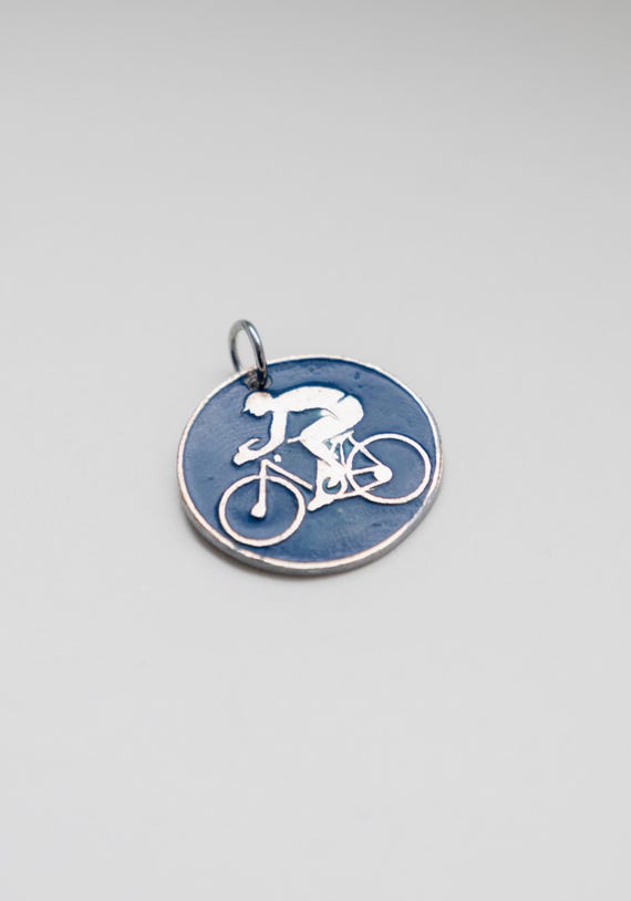 Cyclist coin necklace reworked vintage 80s pin blue enamel with chain