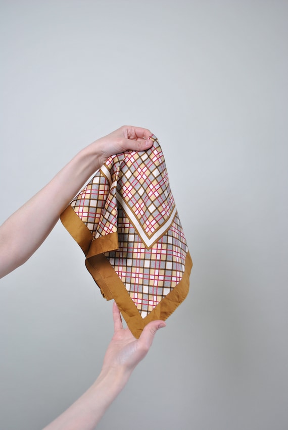 Vintage Plaid Hair Scarf: 90s Beige Check Shawl