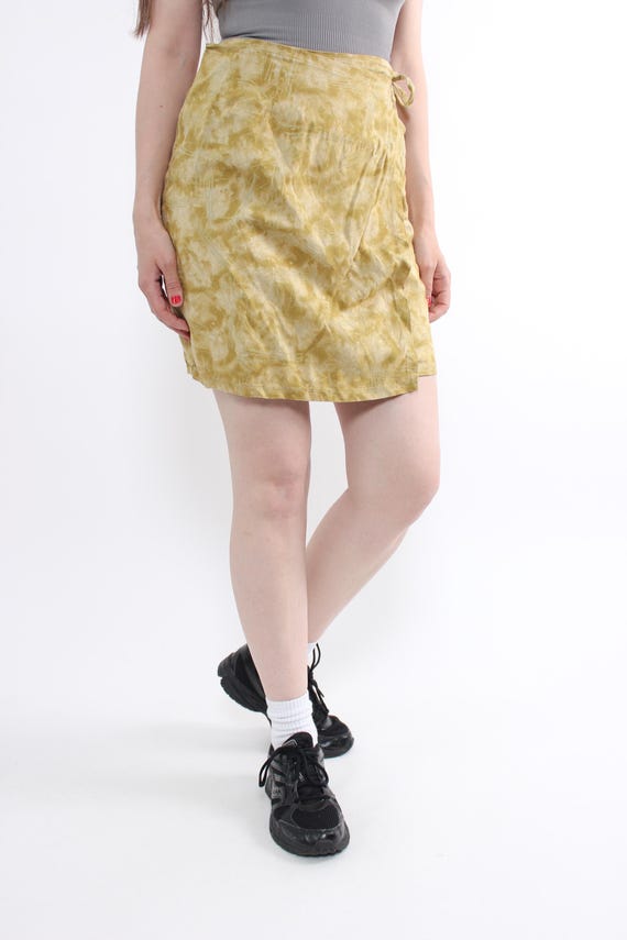 Vintage Abstract Wrap Skirt Y2K Yellow Viscose Boho Tie Waist Skirt