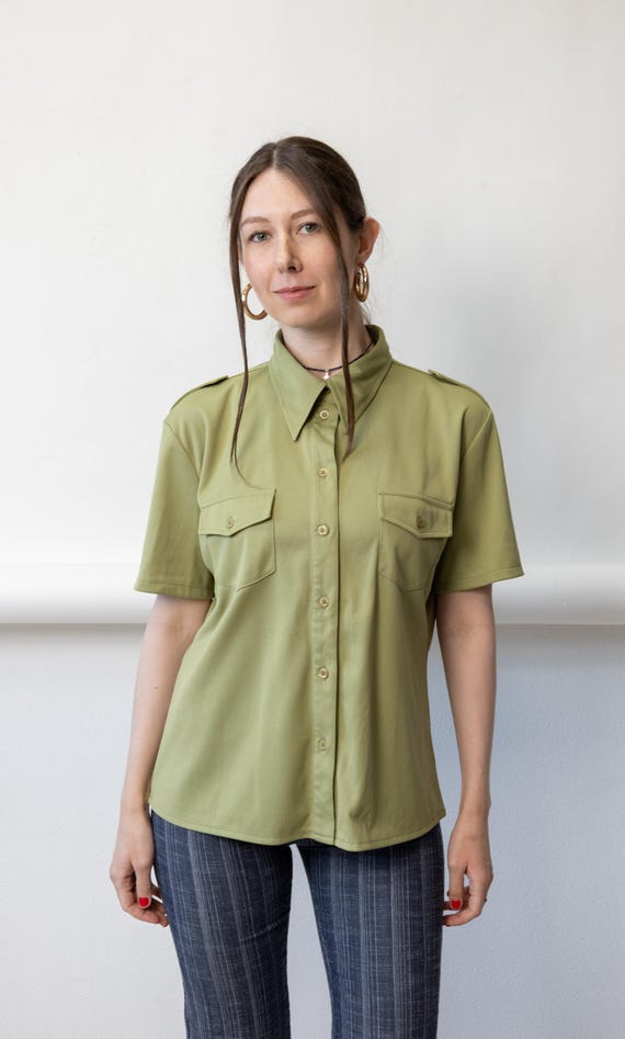 90s Sage Green Military Style Shirt Vintage Utility Epaulette Short Sleeve Blouse Size L