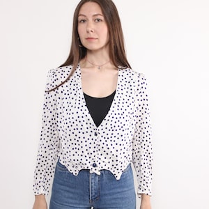 90s polka dot white blouse, vintage button detail crop blouse, Size M
