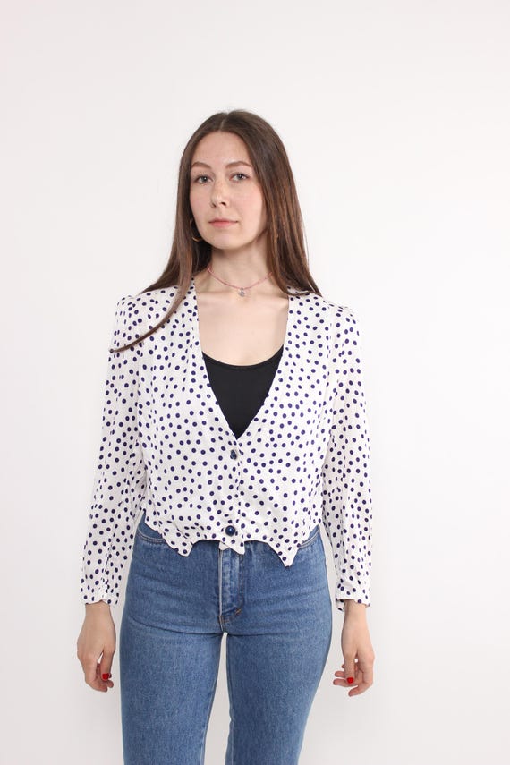 90s polka dot white blouse, vintage button detail crop blouse, Size M