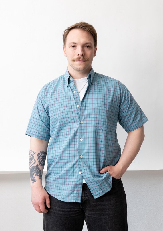 Y2k Teal Tattersall Check Shirt Vintage Red Grid Short Sleeve Button Down Size L