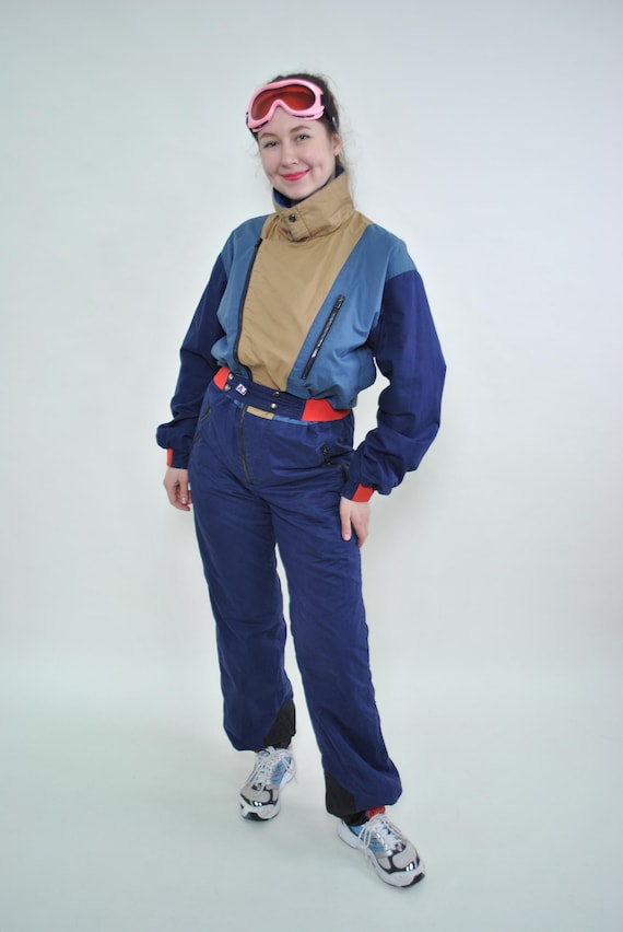 Vintage 90s One Piece Ski Suit, Womens Black Colorblock Snowsuit, Size M