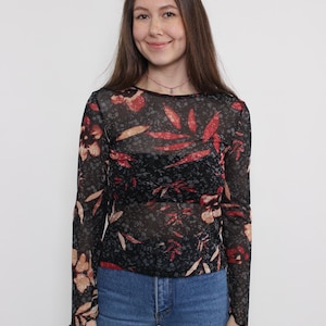 90s crop sheer blouse, vintage floral print stretchy top, Size M