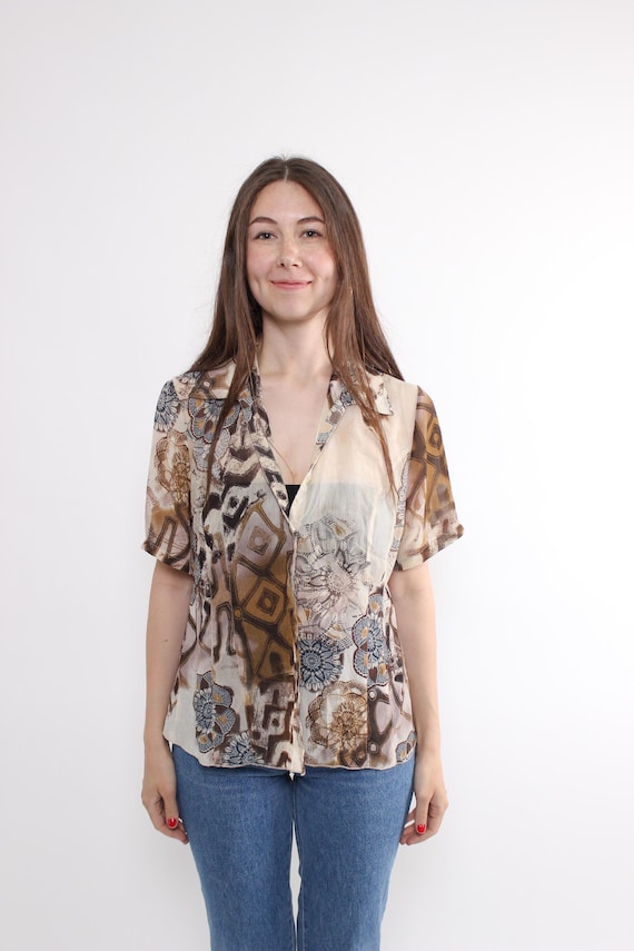 Vintage 90s Sheer Abstract Blouse Brown, Retro Pattern Button Up Shirt Y2K, Size M