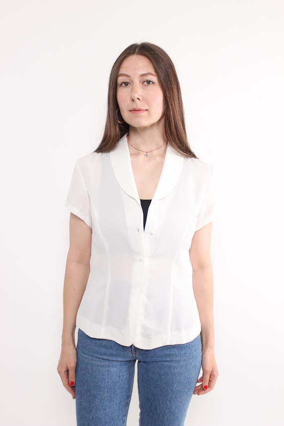 90s evening white blouse, vintage button details summer sheer blouse, Size M
