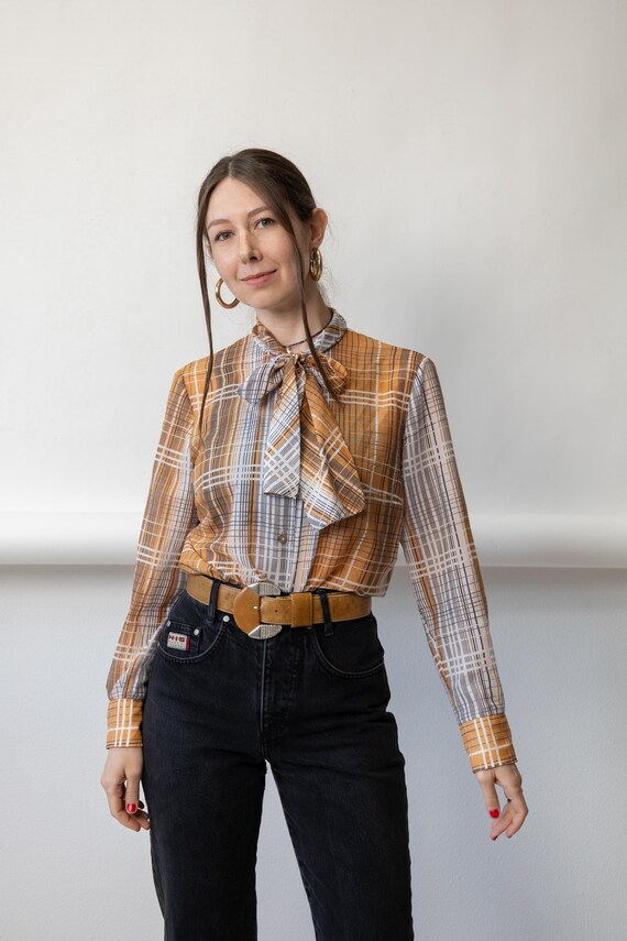 90s Camel Plaid Pussy Bow Blouse Vintage Sheer Windowpane Long Sleeve Shirt Size M