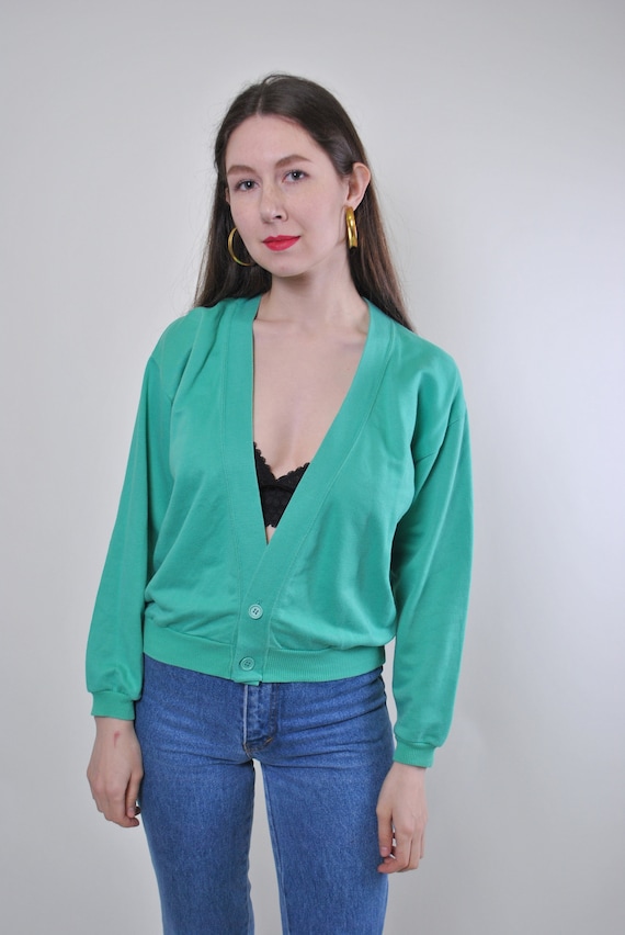 90s minimalist cardigan, vintage green court light sweater, Size M