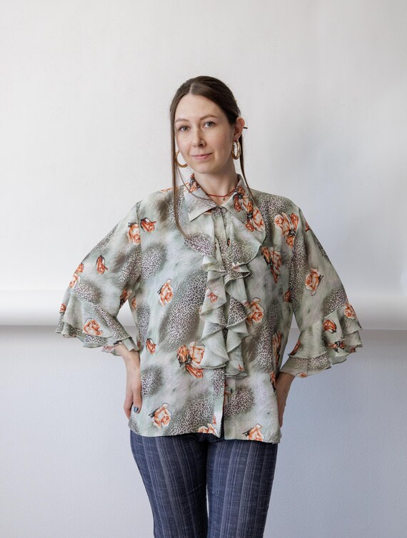 90s Green Leopard Rose Blouse Vintage Ruffle Front Bell Sleeve Shirt Size L