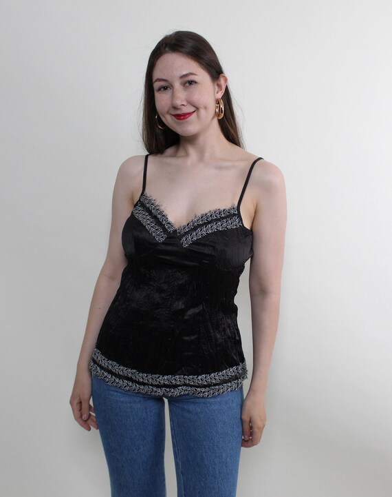 Y2k Black Satin Cami Top Beaded Trim Spaghetti Strap Going Out Tank Medium