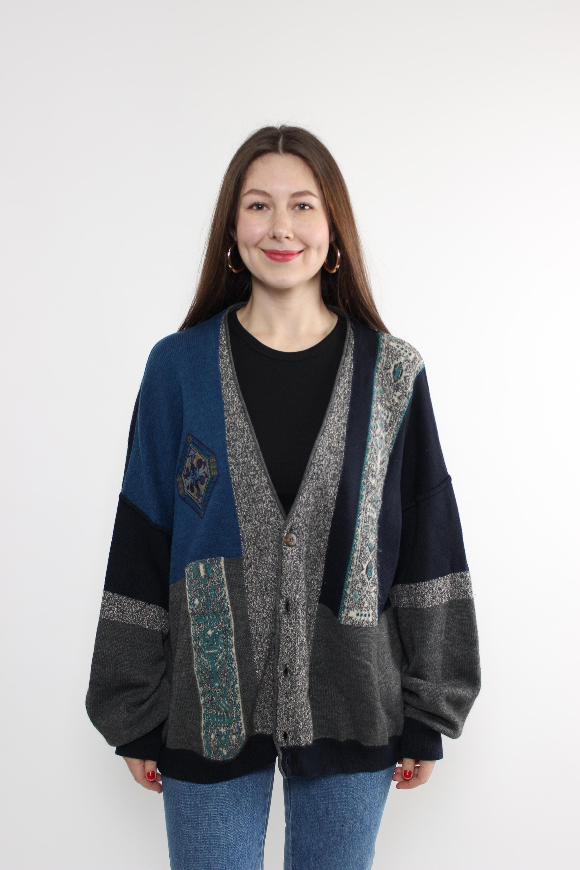 80年代風抽象刺繍セーター、ヴィンテージウールニットカーディガン