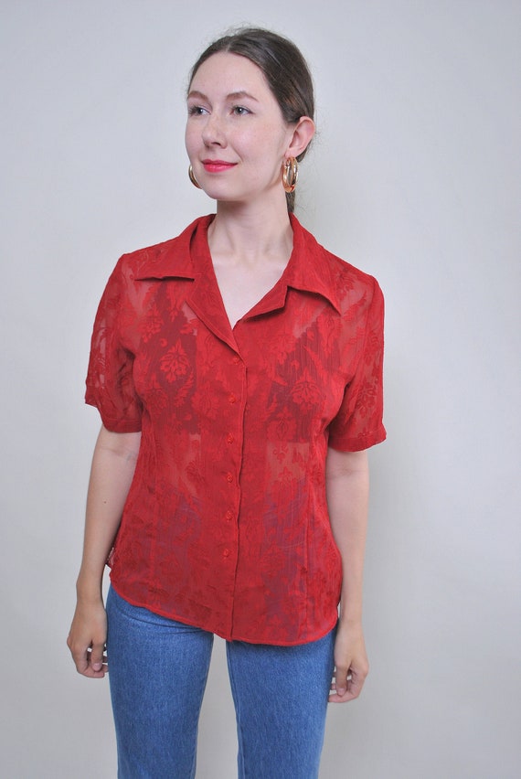 Rode kanten retro doorschijnende sexy blouse met Etsy België