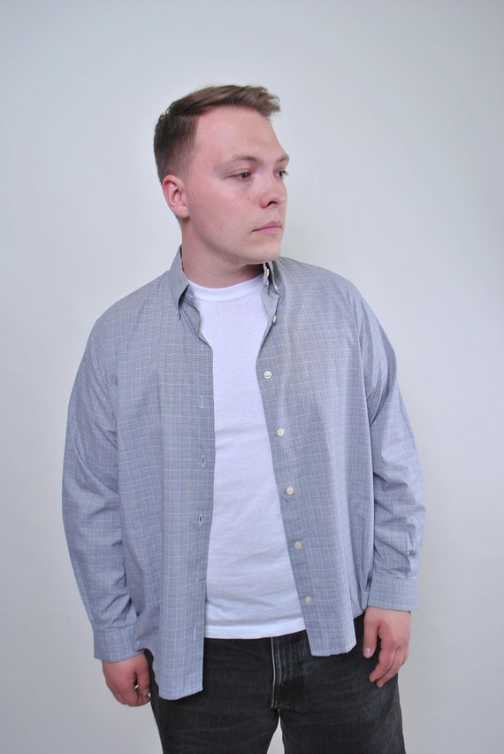 90s grey plaid print shirt, vintage minimalist long sleeve button up shirt, Size L