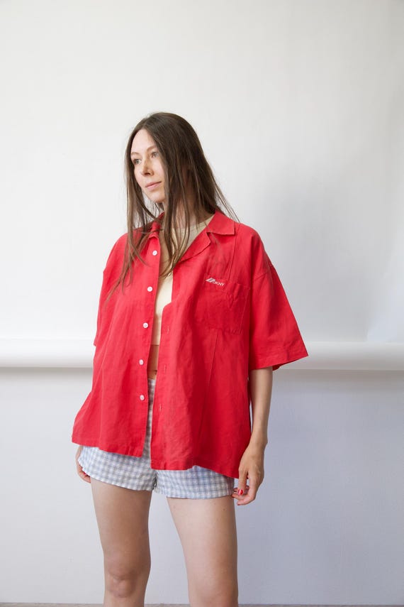DKNY Red Oversized Camp Collar Shirt Vintage Size L/XL