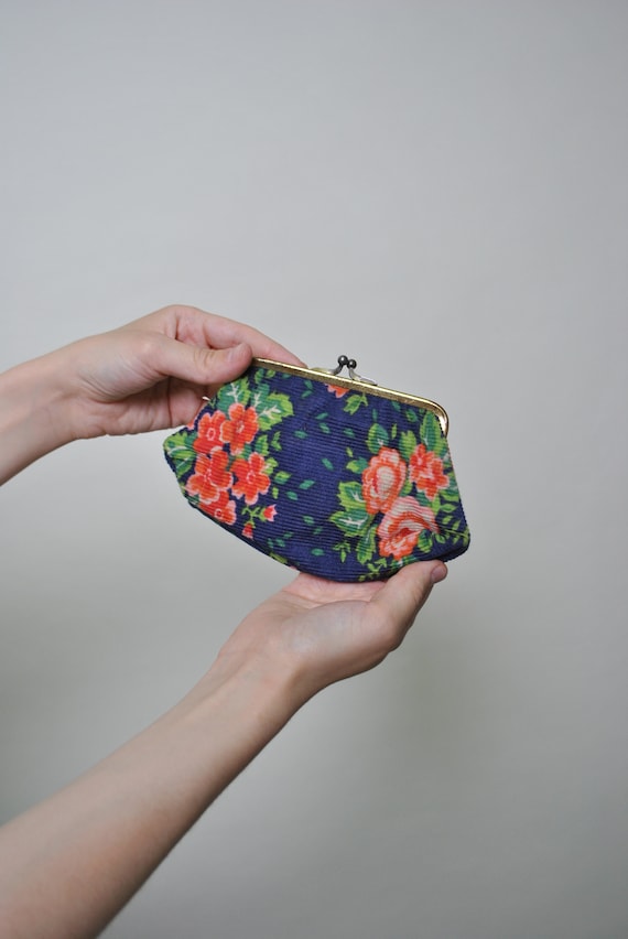 Folk Floral Corduroy Kiss Lock Coin Purse Mini Pouch 70s