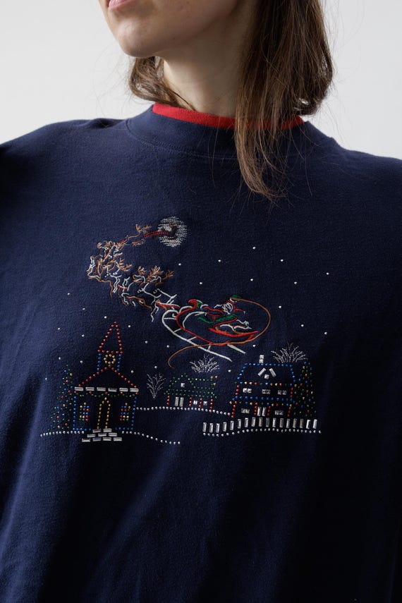 Vintage Santa Sleigh Christmas Sweatshirt Rhinestone Village Navy Oversized XL
