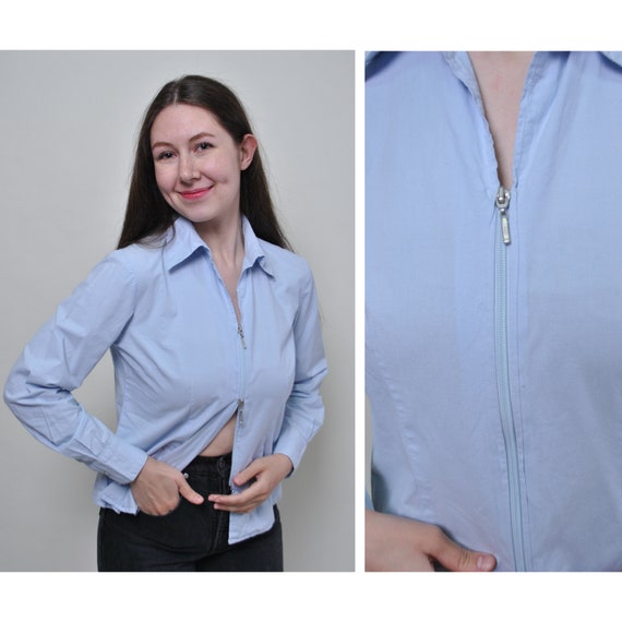 Blouse minimaliste vintage bleue blouse decontractee annees 90 avec fermeture eclair sur le devant taille M Etsy France