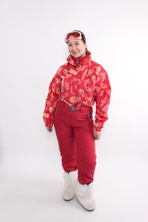 Vintage 90s Red Paisley Ski Suit, One Piece Snowsuit Women, Retro Belted, Size M