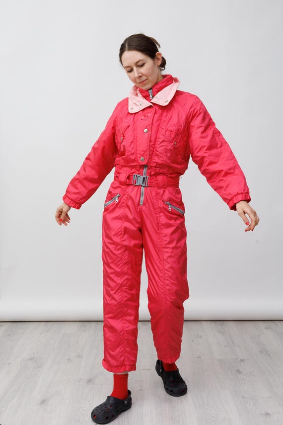 Coral Pink Blush Collar Rose Embroidered Vintage Ski Suit Jumpsuit Belted Size S