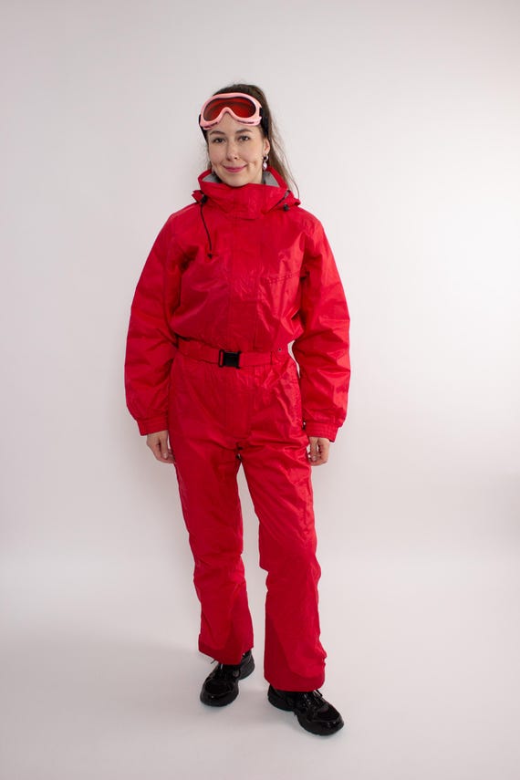 Vintage 90s One piece Ski Suit with Hood, Retro Red Snowsuit, Size M